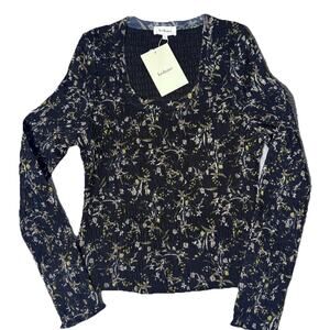 Brand New Bohme Jessica Smocked Top Black Floral Blouse XL Cottagecore Boho